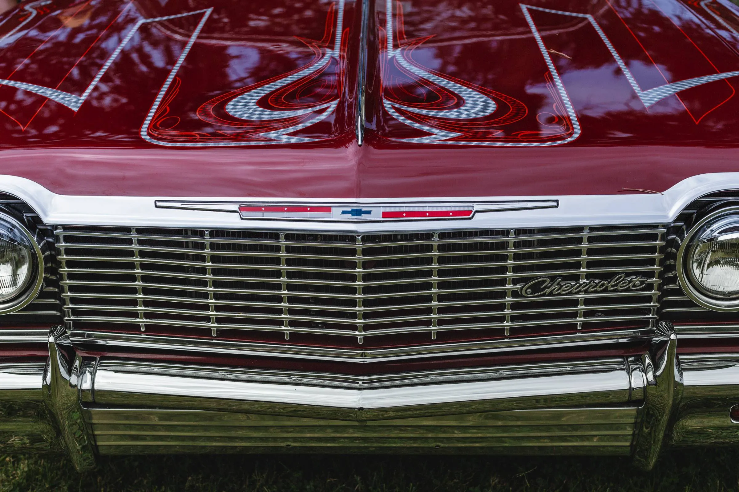 View of grill on a1964 Chevrolet Sedan on display at the 2016 VVA Car Show held at the Chico Elks Lodge.